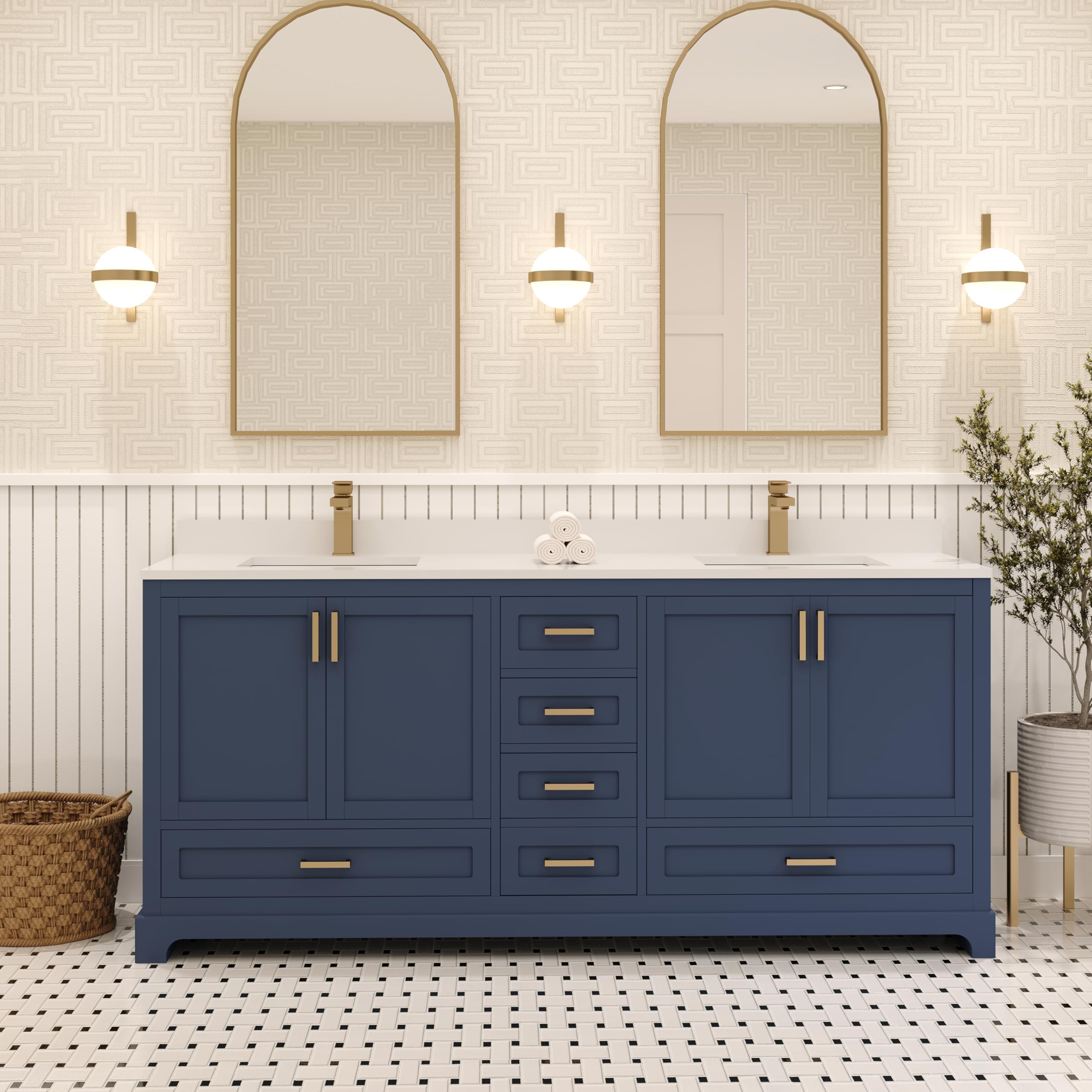 Ayna Decors Maya 72 in Navy Blue Double Sink Bathroom Vanity Set with