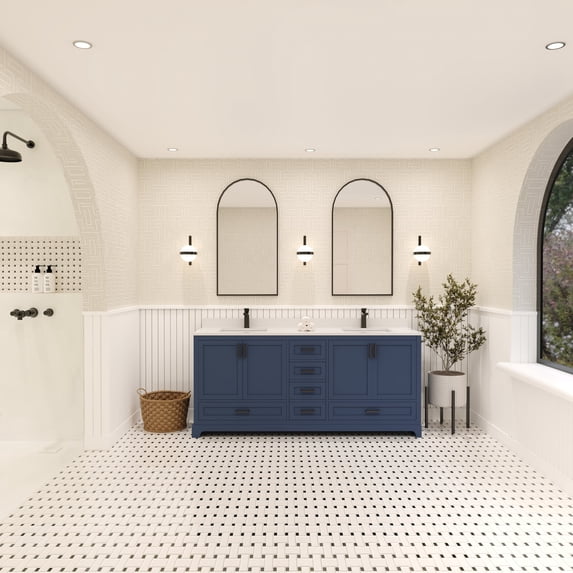 Ayna Decors Maya 72 in Navy Blue Double Sink Bathroom Vanity Set with White Quartz Countertop | 4 Soft Closing Doors | 6 Full Extention Soft Close Drawer | Black Hardware