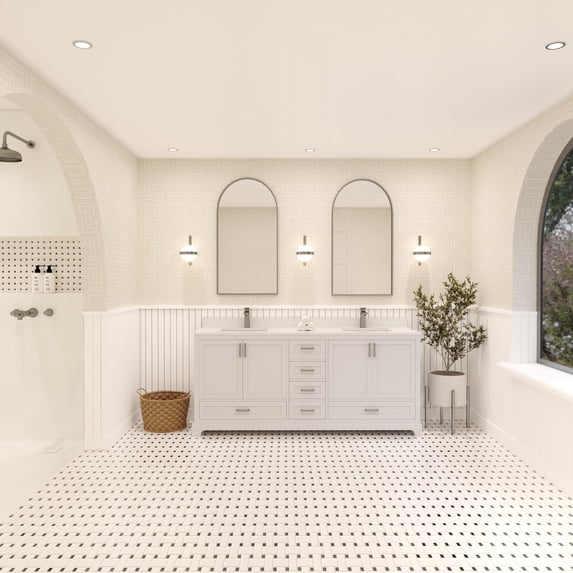 Ayna Decors Maya 72 in White Double Sink Bathroom Vanity | 4 Soft Closing Doors | 6 Full Extention Soft Close Drawers | Brushed Nickel Hardware | AVM72WH0002