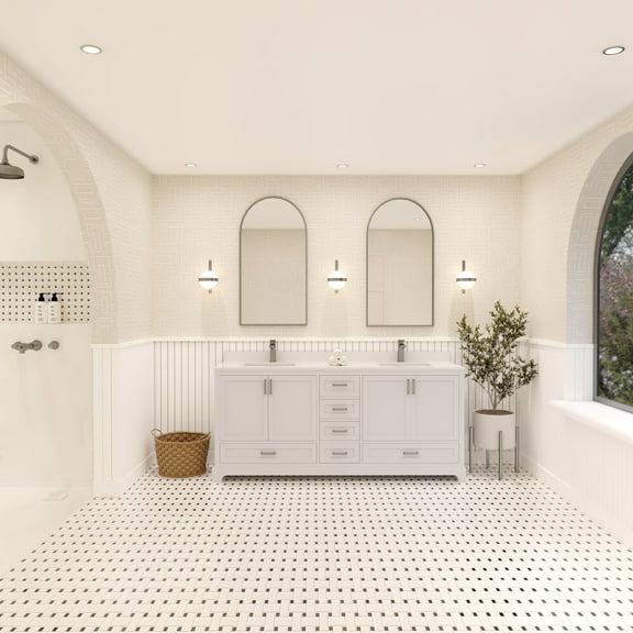 Ayna Decors Maya 72 in White Double Sink Bathroom Vanity Set with White Quartz Countertop | 4 Soft Closing Doors | 6 Full Extention Soft Close Drawer | Brushed Nickel Hardware | AVM72WH3002