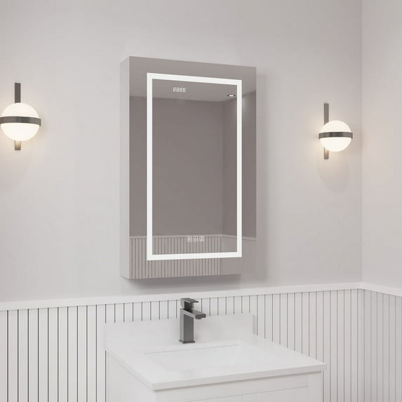 Ayna Decors Neo 20" x 32" LED Mirror Medicine Cabinet, Wall Mounted Bathroom Mirror with Storage, Mirror Cabinet with Adjustable Shelves, Outlets, USB and Type C Ports, Defogger, Dimmer, Clock & Temp