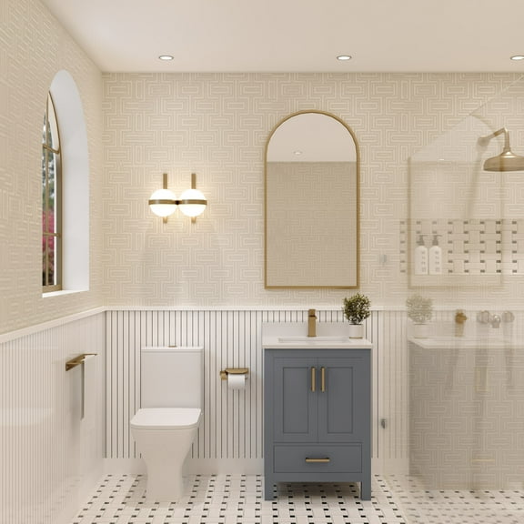 Ayna Decors Rooh 24 in Charcoal Grey Bathroom Vanity Set with White Quartz Countertop and Brass Faucet | Pop-Up Drain and P-Trap Included | Gold Hardware