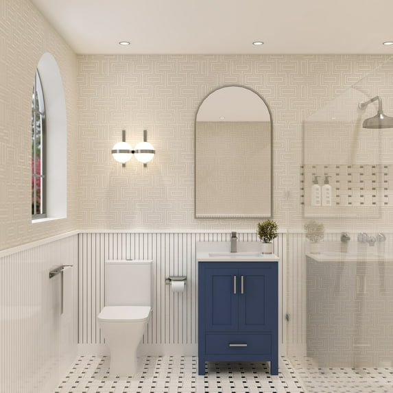 Ayna Decors Rooh 24 in Navy Blue Bathroom Vanity Set with White Quartz Countertop and Brass Faucet | Pop-Up Drain and P-Trap Included | Brushed Nickel Hardware | AVR24NB3022