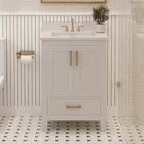 Ayna Decors Rooh 24" Solid Wood Bathroom Vanity with Sink – White, 3 Pre-Drilled Faucet Holes, 2 Soft-Close Doors, 1 Full-Extension Drawer, Brushed Gold Handles