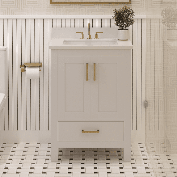 Ayna Decors Rooh 24" Solid Wood Bathroom Vanity with Sink – White, 3 Pre-Drilled Faucet Holes, 2 Soft-Close Doors, 1 Full-Extension Drawer, Brushed Gold Handles