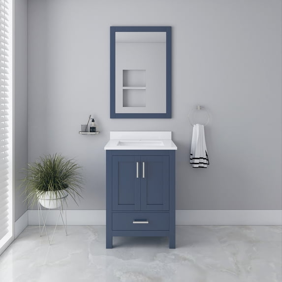 Ayna Decors Rooh 24 in Navy Blue Bathroom Vanity Set with White Quartz Countertop & 24 in Matching Mirror | Brushed Nickel Hardware | AVR24NB3102