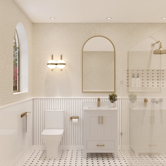 Ayna Decors Rooh 24 in White Bathroom Vanity Set with White Quartz Countertop and Brass Faucet | Pop-Up Drain and P-Trap Included | Gold Hardware