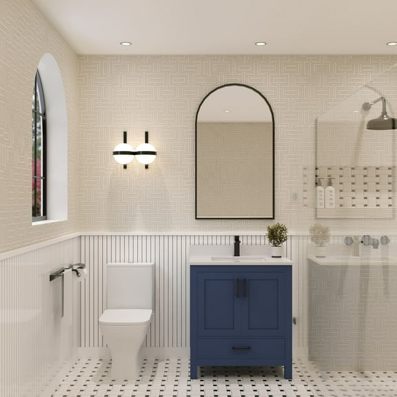 Ayna Decors Rooh 30 in Navy Blue Bathroom Vanity Set with White Quartz Countertop | Ceramic Sink | 2 Soft Closing Doors | 1 Full Extention Soft Close Drawer | Black Hardware