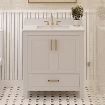 Ayna Decors Rooh 30" Solid Wood Bathroom Vanity with Sink – White, 3 Pre-Drilled Faucet Holes, 2 Soft-Close Doors, 1 Full-Extension Drawer, Brushed Gold Handles