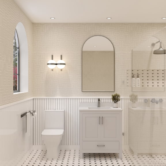 Ayna Decors Rooh 30 in White Bathroom Vanity Set with White Quartz Countertop and Brass Faucet | Pop-Up Drain and P-Trap Included | Brushed Nickel Hardware | AVR30WH3022