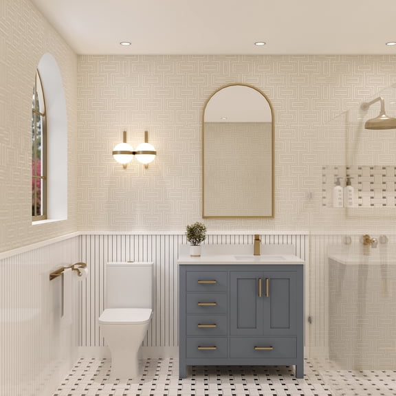 Ayna Decors Rooh 36 in Charcoal Grey Bathroom Vanity Set with White Quartz Countertop and Brass Faucet | Pop-Up Drain and P-Trap Included | Gold Hardware