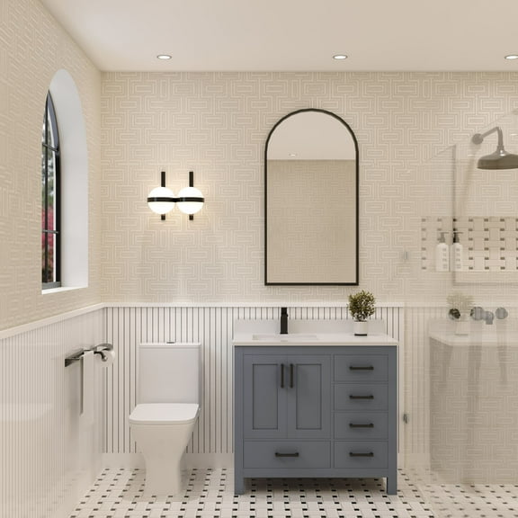 Ayna Decors Rooh 36 in Charcoal Grey Bathroom Vanity Set with White Quartz Countertop and Brass Faucet | Pop-Up Drain and P-Trap Included | Black Hardware