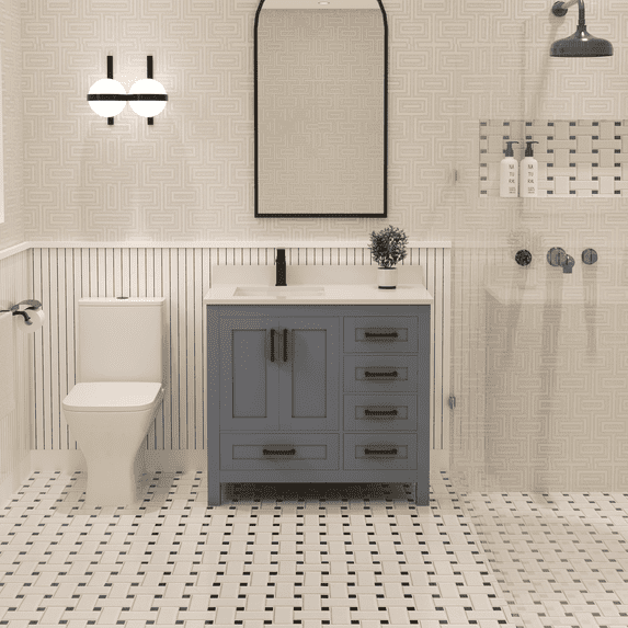 Ayna Decors Rooh 36 in Charcoal Grey Bathroom Vanity Set with White Quartz Countertop and Brass Faucet | Pop-Up Drain and P-Trap Included | Black Hardware