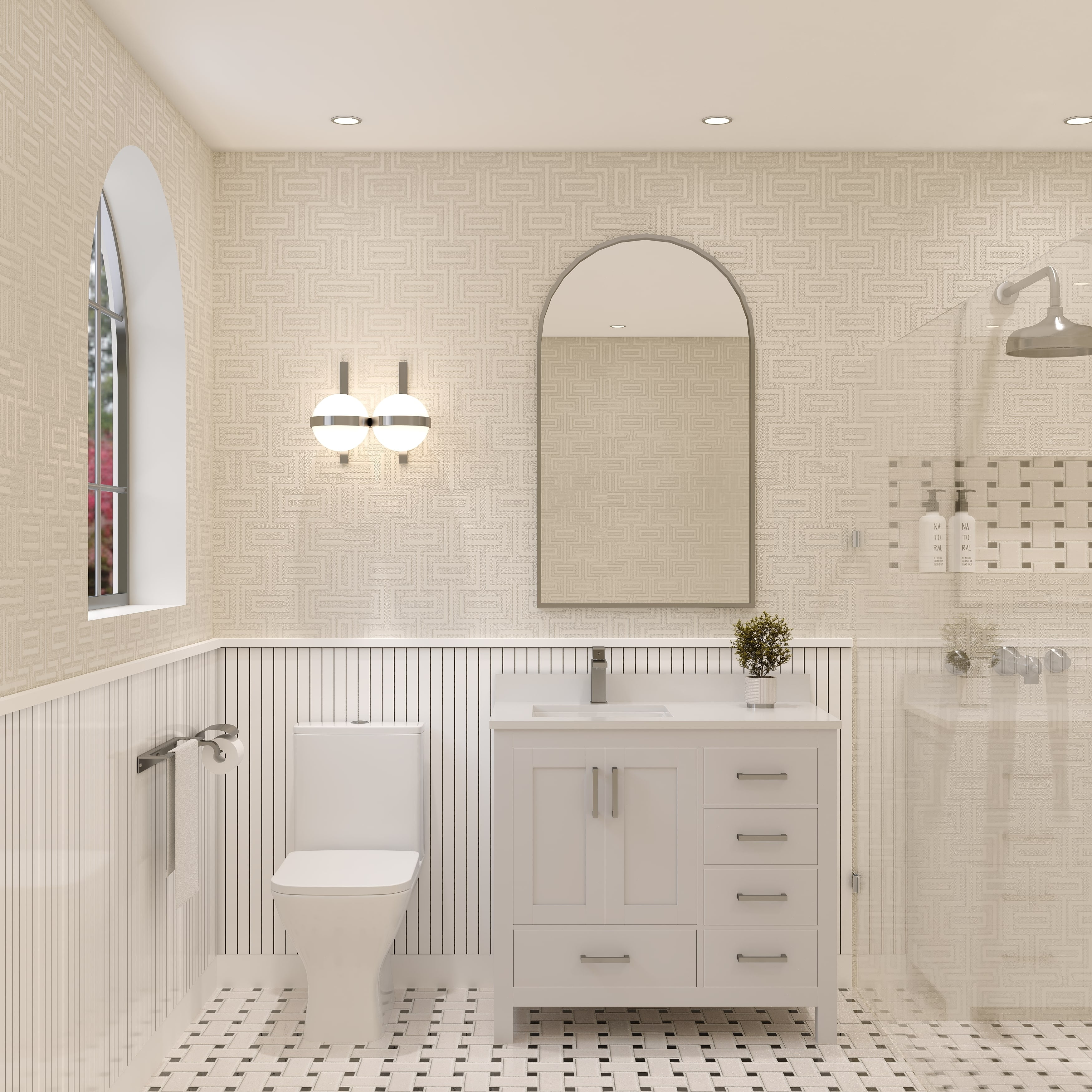 Rooh 36 Inch White Painted Pine Bathroom Vanity with Brushed Nickel Hardware