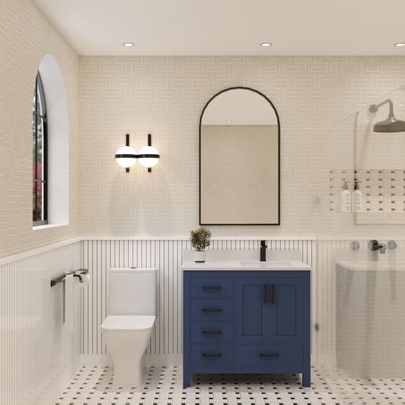Ayna Decors Rooh 36 in Navy Blue Bathroom Vanity Set with White Quartz Countertop and Brass Faucet | Pop-Up Drain and P-Trap Included | Black Hardware