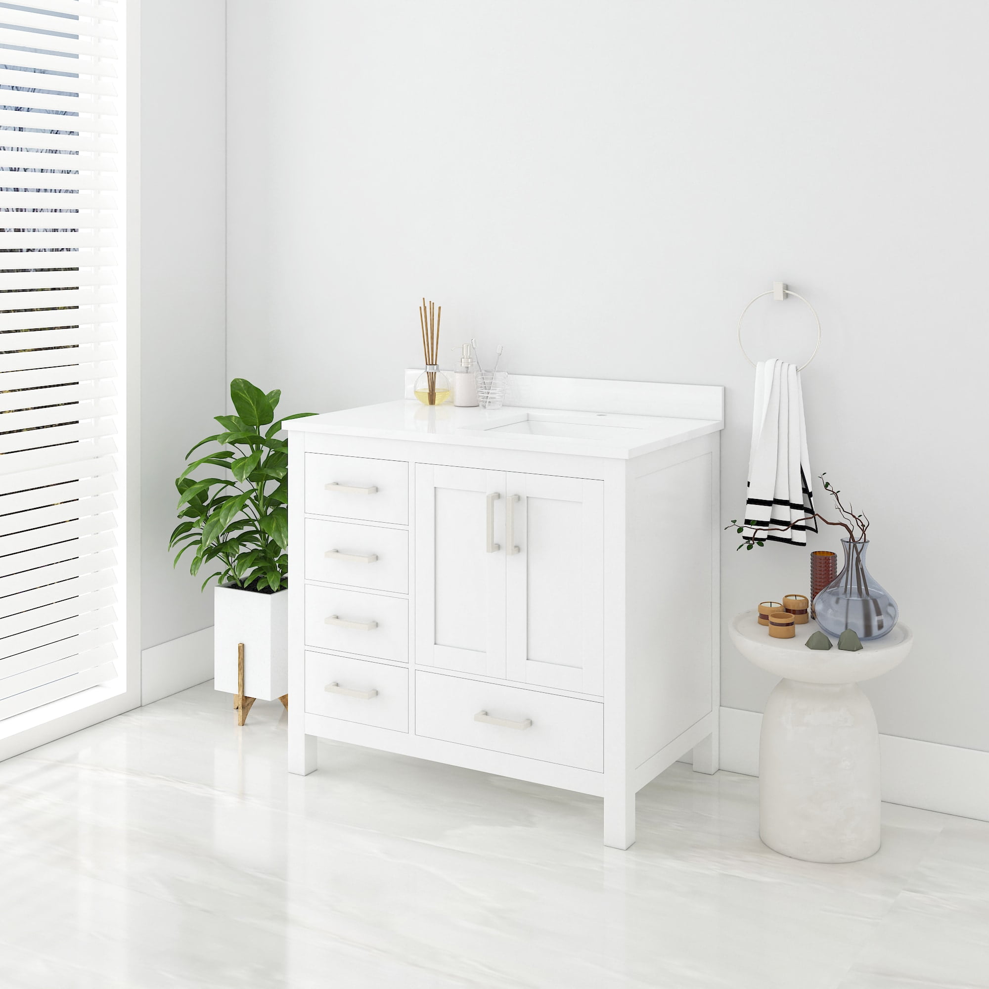 Ayna Decors Rooh 36 in White Bathroom Vanity Set with White Quartz