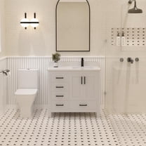 Ayna Decors Rooh 36 in White Bathroom Vanity Set with White Quartz Countertop and Brass Faucet | Pop-Up Drain and P-Trap Included | Black Hardware