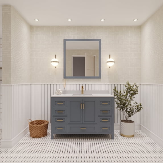 Ayna Decors Rooh 48 in Charcoal Grey Bathroom Vanity Set with White Quartz Countertop | Ceramic Sink | 2 Soft Closing Doors | 7 Full Extention Soft Close Drawer | Gold Hardware