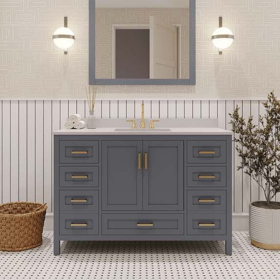 Ayna Decors Rooh 48 in Charcoal Grey Bathroom Vanity Set with White Quartz Countertop | Ceramic Sink | 2 Soft Closing Doors | 7 Full Extention Soft Close Drawers | Gold Hardware