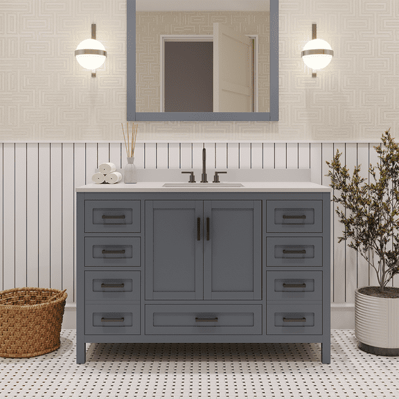 Ayna Decors Rooh 48 in Charcoal Grey Single Sink Bathroom Vanity with White Quartz Countertop | Ceramic Sink | 2 Soft Closing Doors | 7 Full Extention Soft Close Drawer | Black Hardware