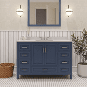 Ayna Decors Rooh 48 Inch Navy Blue Bathroom Vanity with Sink and Quartz Countertop, 3 Pre-Drilled Faucet Holes, 2 Soft Closing Doors, and 7 Full Extension Drawers, Brushed Nickel Hardware