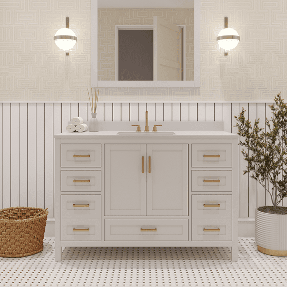 Ayna Decors Rooh 48 Inch White Bathroom Vanity with Sink and Countertop, Three Pre-Drilled Faucet Holes, 2 Soft Closing Doors, and 7 Full Extension Drawers, Brushed Gold Hardware