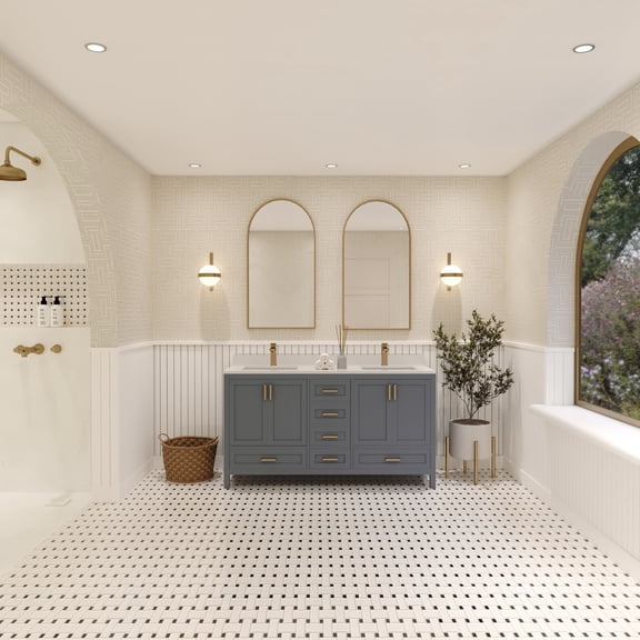 Ayna Decors Rooh 60 in Charcoal Grey Double Sink Bathroom Vanity Set with White Quartz Countertop | 4 Soft Closing Doors | 6 Full Extention Soft Close Drawer | Gold Hardware