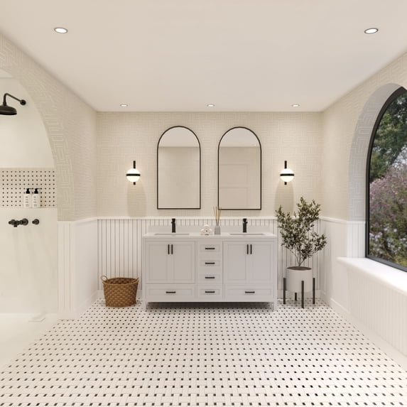 Ayna Decors Rooh 60 in White Double Sink Bathroom Vanity Set with White Quartz Countertop and Brass Faucets | Pop-Up Drain and P-Trap Included | Black Hardware