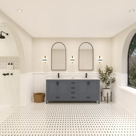 Ayna Decors Rooh 72 in Charcoal Grey Double Sink Bathroom Vanity Set with White Quartz Countertop and Brass Faucets | Pop-Up Drain and P-Trap Included | Black Hardware