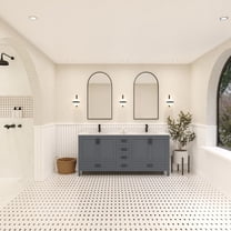 Ayna Decors Rooh 72 in Charcoal Grey Double Sink Bathroom Vanity Set with White Quartz Countertop and Brass Faucets | Pop-Up Drain and P-Trap Included | Black Hardware