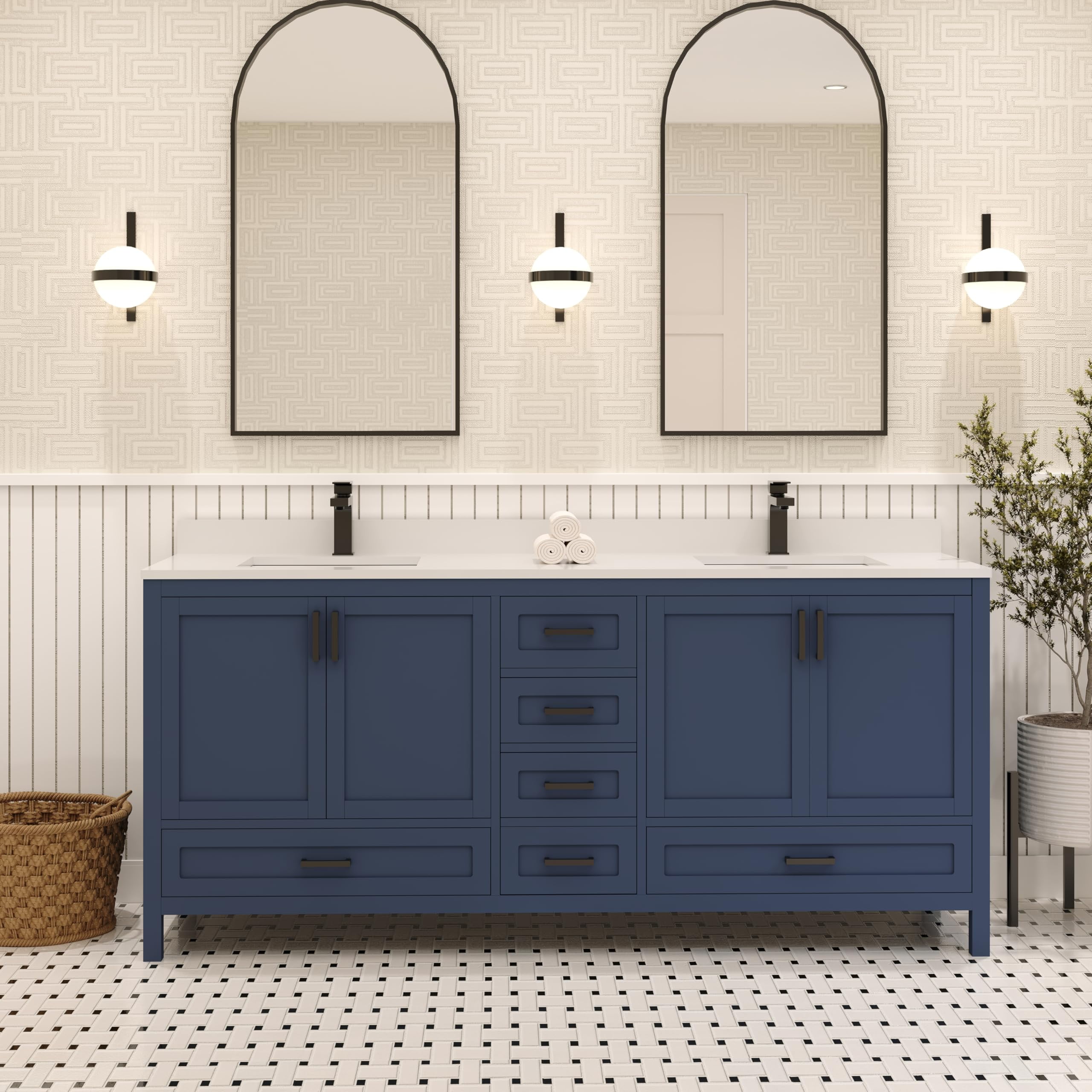 Ayna Decors Rooh 72 in Navy Blue Double Sink Bathroom Vanity Set with