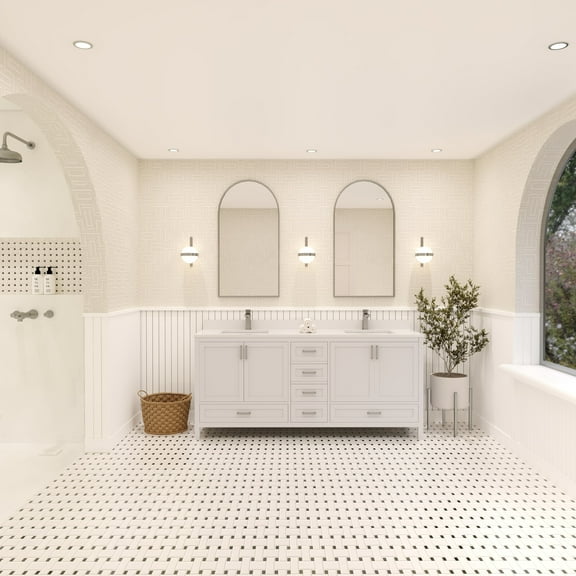 Ayna Decors Rooh 72 in White Double Sink Bathroom Vanity | 4 Soft Closing Doors | 6 Full Extention Soft Close Drawers | Brushed Nickel Hardware | AVR72WH0002