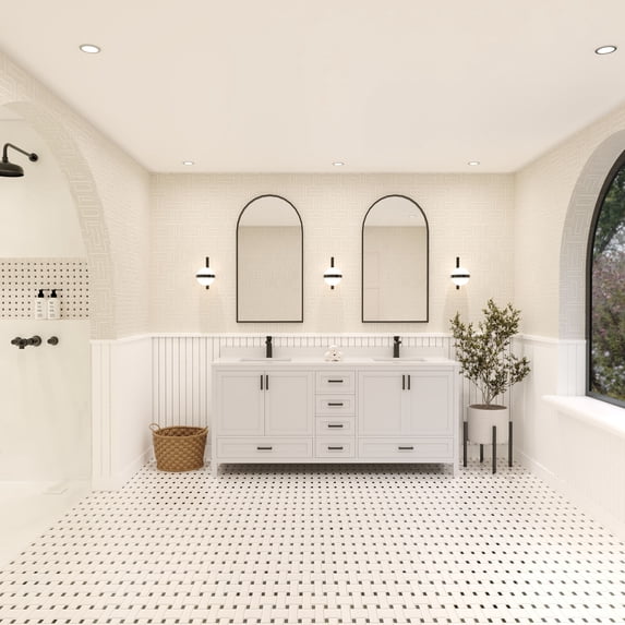 Ayna Decors Rooh 72 in White Double Sink Bathroom Vanity Set with White Quartz Countertop and Brass Faucets | Pop-Up Drain and P-Trap Included | Black Hardware