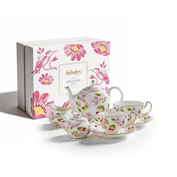Aynsley Cherry Blossom Bone China Tea Set, White, Floral, 7-Piece
