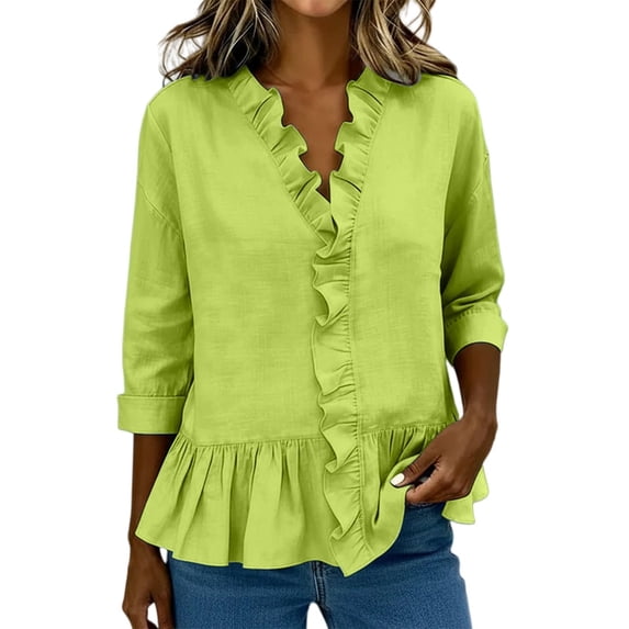 Ayolanni 100% Cotton 2026 Vacation Clothes V-Neck Solid Ruffled 3/4 Sleeve Blouse Casual Dressy Flutter T-Shirt Womens Tees Green M