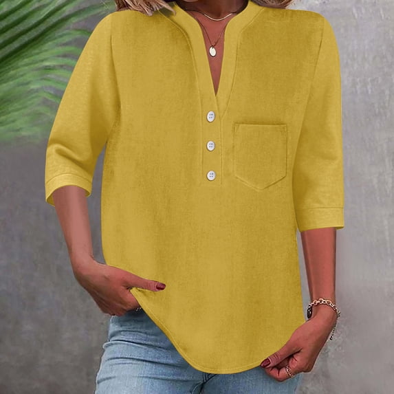 Ayolanni 100% Cotton Womens T Shirts Short Sleeve V-Neck Button Down Solid Blouse Plus Size Dressy Pockets Tees Womens Summer Tops Yellow XL