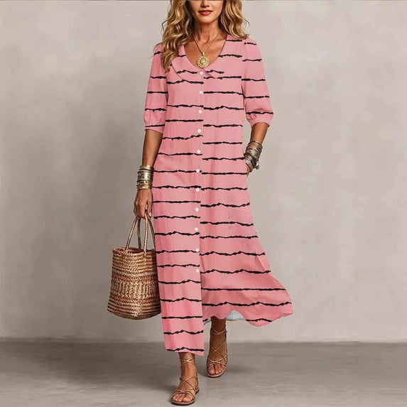 Ayolanni 3/4 Sleeve Dresses for Women 2026 Striped Side Slit Button Down V-Neck Maxi A-Line Dress Party Vacation Casual Sundress with Pockets Pink L