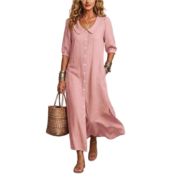 Ayolanni 3/4 Sleeve Dresses for Women Babydoll V Neck A-Line Maxi Dresses Button Down Hawaii Beach Solid Long Dress with Pockets Pink XXXL
