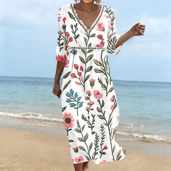 Ayolanni 3/4 Sleeve Fall Dresses for Women Floral V-Neck A-Line Maxi Dress Boho Holiday Casual Cotton Long Dress Pink M