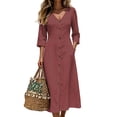 thumbnail image 1 of Ayolanni 3/4 Sleeve Fall Dresses for Women V Neck Cotton A-Line Maxi Dresses Work Button Down Solid Formal Long Dress with Pockets Red M, 1 of 7