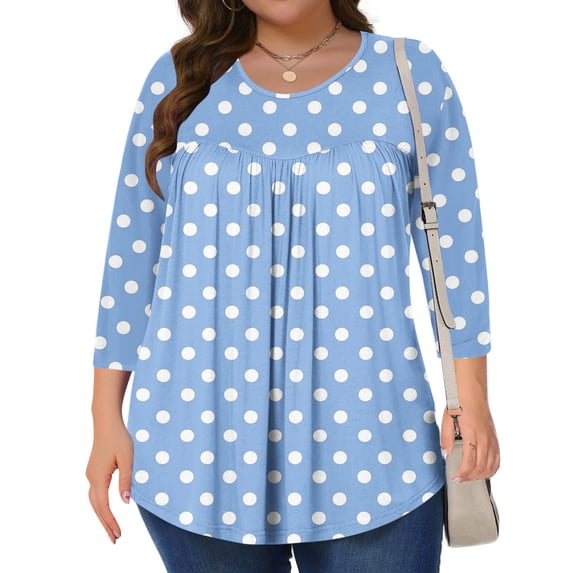 Ayolanni 3/4 Sleeve Plus Size Tops for Women Blue Polka Dot Plus Size Blouses Ladies Tops and Blouses 3x