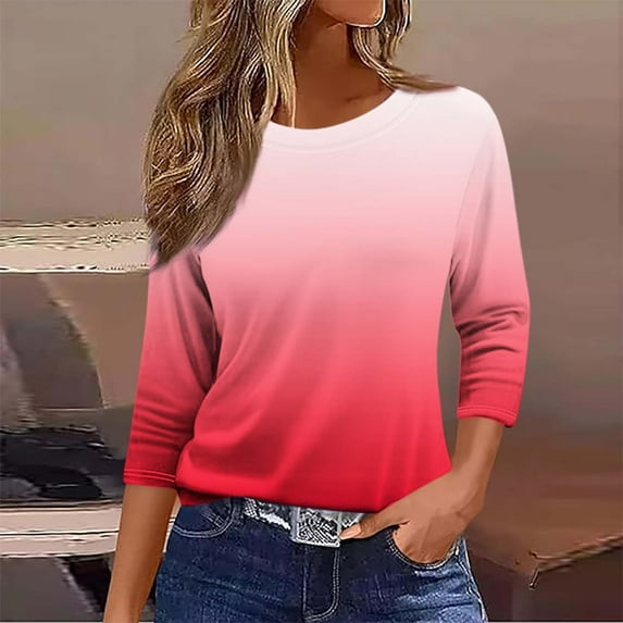 Ayolanni 3/4 Sleeve Plus Size Womens Clothes Red Ombre Blouses Women's Blouse for Teens XL