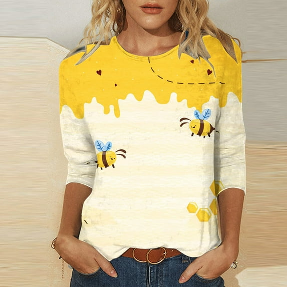 Ayolanni 3/4 Sleeve T-Shirts for Women Yellow Pullover Bee Print Crew Neck Blouses Ladies Blouses L