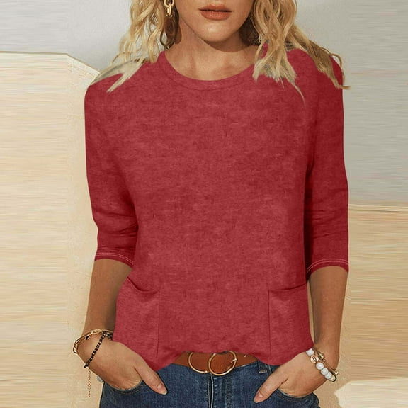 Ayolanni 3/4 Sleeve Women Blouses on Cotton Red Solid Blouses & Tops Teen Girls Shirts XL