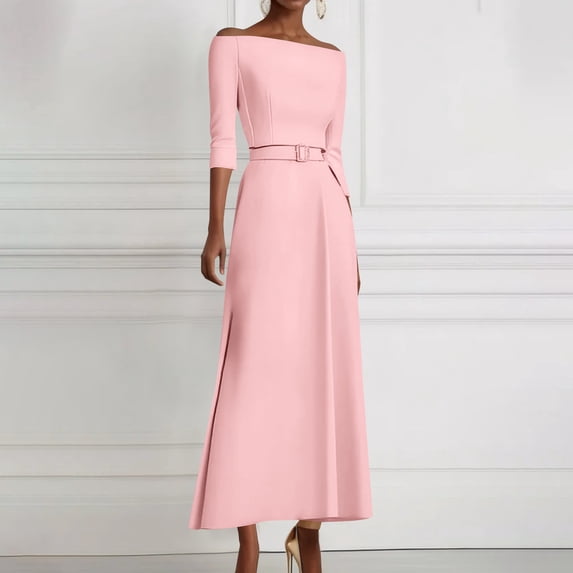 Ayolanni 3/4 Sleeve Women’s Fall Dress Belted Off the Shoulder Crew Neck Solid Long A-Line Dress Formal Work Fitted Sundress Pink S