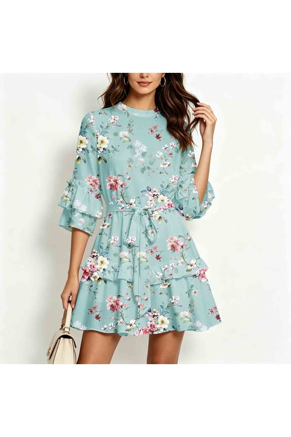 3/4 Sleeve Women's Fall Dress Round Neck Wedding Guest A-Line Midi Dresses Outdoor Beach Vacation Floral Dress with Ruffle Sleeve Green L