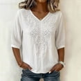 thumbnail image 1 of Ayolanni 3/4 Sleeve Womens Blouses Collarless Embroidered V-Neck Solid Blouse Cotton Linen Fitted Comfortable Tees Summer Tops White XXL, 1 of 7