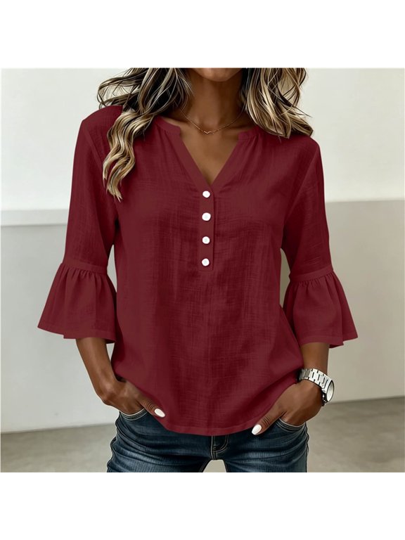 3/4 Sleeve Womens Blouses Henley Solid Ruffled Ruched Blouse Flutter Button Down Dressy Workwear T-Shirt Women's Tops, Tees & Blouse Red S