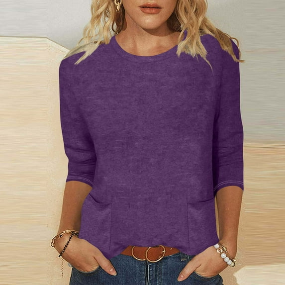 Ayolanni 3/4 Sleeve Womens T Shirts Trendy Purple Cotton Solid Blouses Ladies Tops XL
