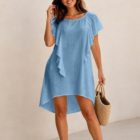 Ayolanni Above Knee Summer Dresses for Women Short Flutter Sleeve Solid Crew Neck Mesh Midi Shift Dress Flowy Holiday Beach Sundress Blue XXXL